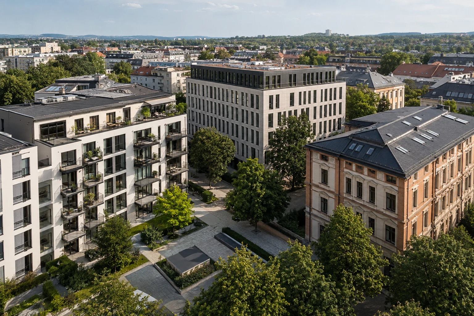Städtisches Quartier mit Wohnanlage, Bürogebäude und gemischt genutztem Baublock